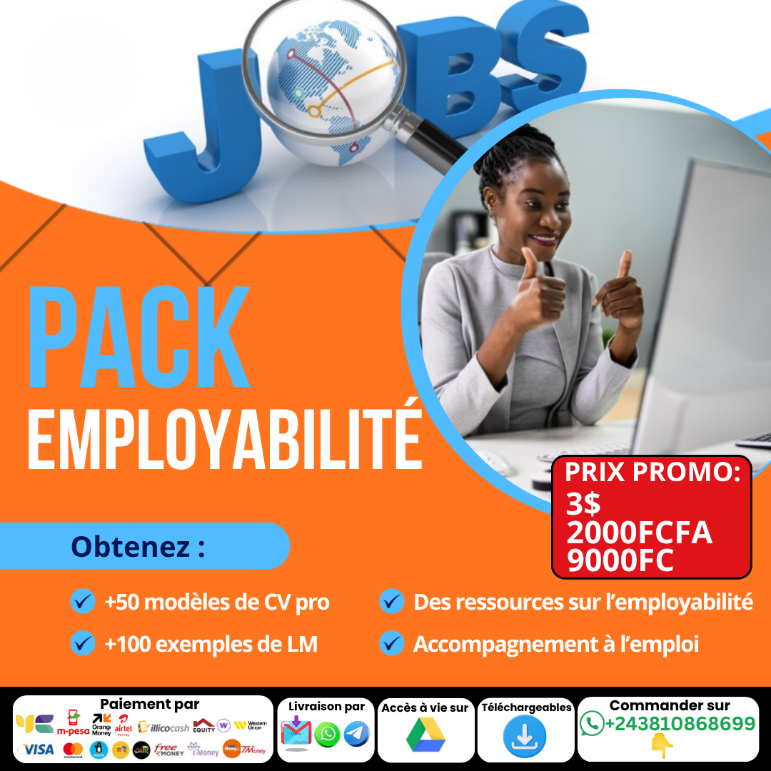 PACKS DE +50 MODELES DE CV PRO, +100 EXEMPLES DE LETTRES DE MOTIVATION ET DE RESSOURCES POUR BOOSTER SON EMPLOYABILITE À 3$